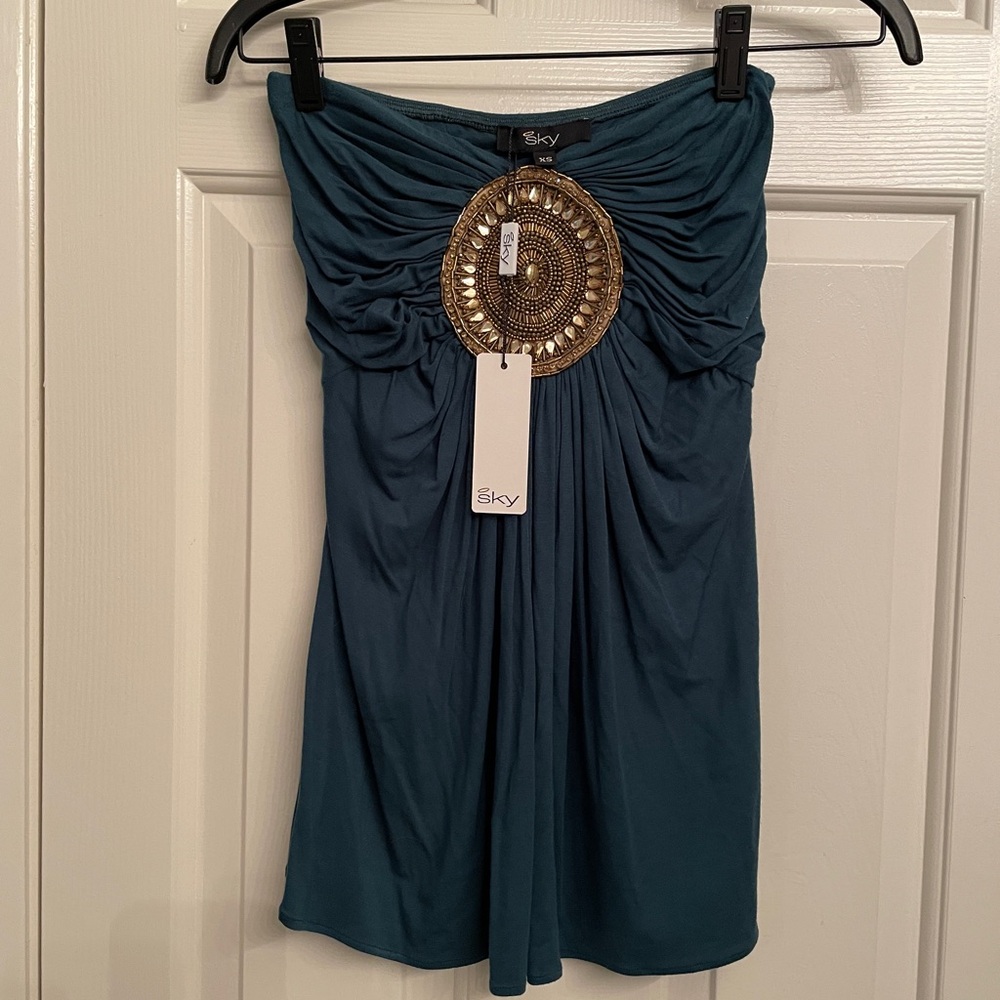 Sky clothing Forest Green Strapless top with Gold emblem. Size XS. New with tags